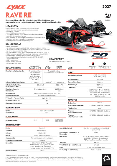 LYNX MY27 Rave RE tekniset tiedot