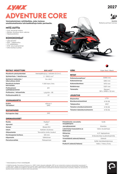 LYNX MY27 Adventure Core tekniset tiedot