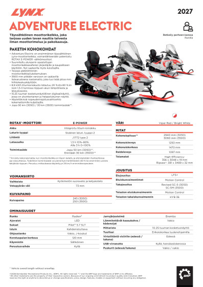LYNX MY27 Adventure Electric tekniset tiedot