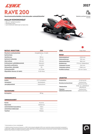 LYNX MY27 Rave 200 tekniset tiedot