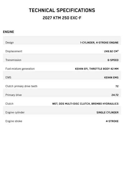 Tekniset tiedot KTM 250 EXC F 2027