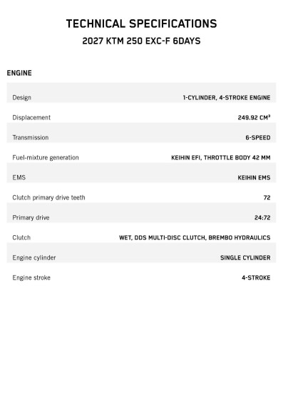 Tekniset tiedot KTM 250 EXC F 6Days 2027