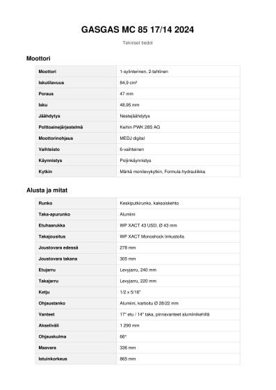 GASGAS MC 85 17 14 2024 tekniset tiedot